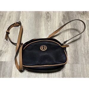 Gianni Bernini Black Faux Leather Crossbody Bag Tan Trim Adjustable Strap‎
